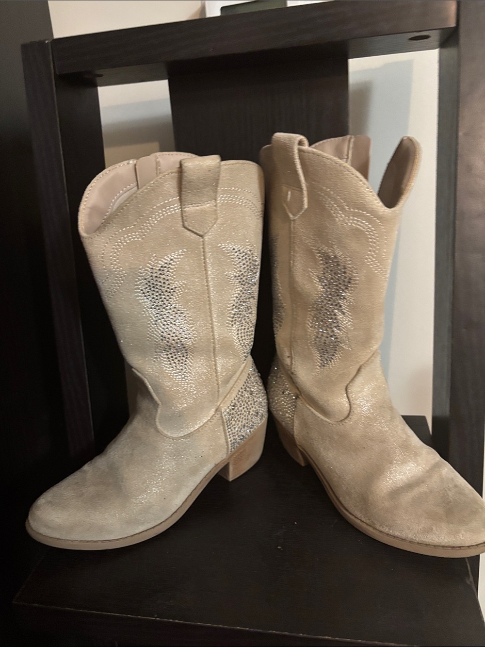 Kids Beige Suede Western Boots with Sparkle Stitching